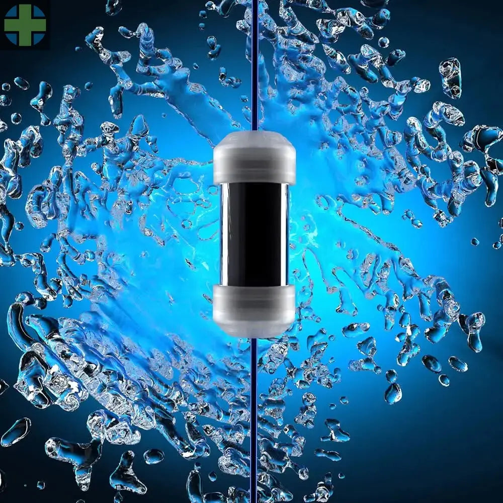 Enbio Elite Water Purification Filter surrounded by dynamic water droplets and ice crystals against a vibrant blue background, showcasing its powerful filtration capabilities for autoclaves and sterilization equipment.