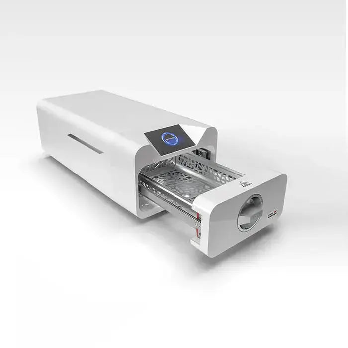 Enbio Pro Elite Class B Autoclave with open sterilization tray, sleek white design, digital display, and high-capacity chamber for efficient medical instrument sterilization in dental clinics, medical environments, and beauty salons.