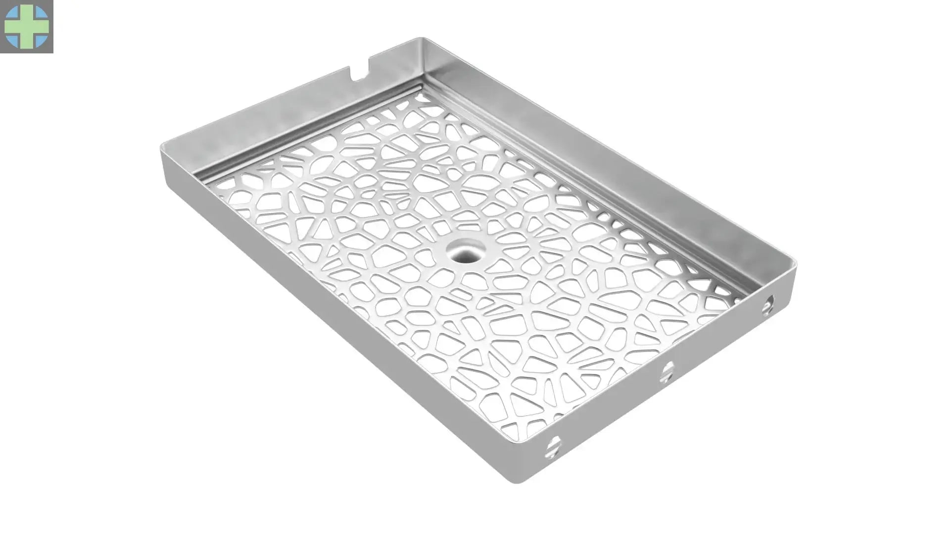 Enbio S Tray for Medical and Dental Professionals: Stainless steel sterilization tray with perforated bottom for efficient instrument cleaning. Durable construction, versatile design for various medical tools. Features raised edges and a patterned base for secure instrument placement during autoclave cycles.