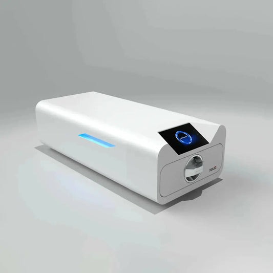 Modern white projector with blue accent on a gray background