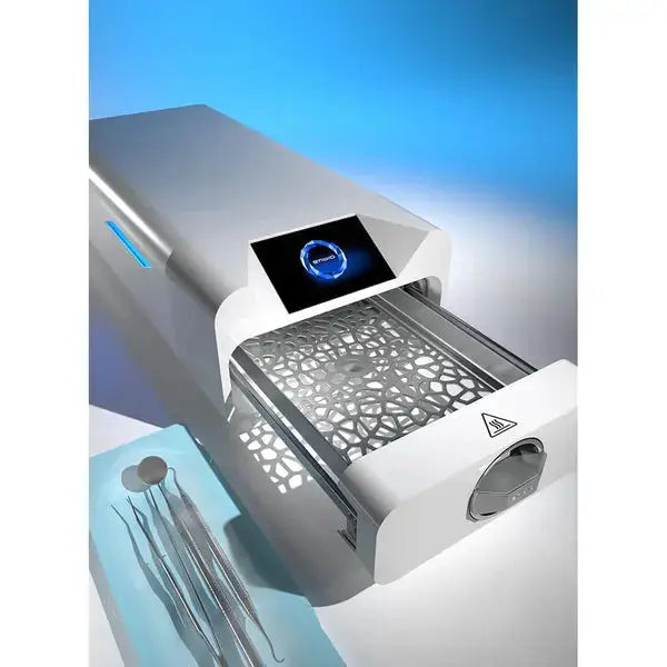 Enbio Series S Autoclave - Class B Fast Sterilization System shown with open tray, digital display, and dental instruments. Sleek white design with blue accents against light blue background, highlighting modern and efficient sterilization technology for medical and dental practices.